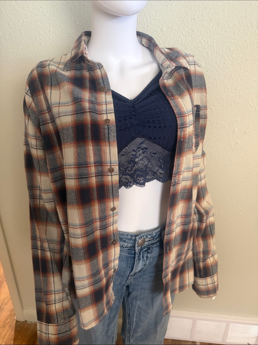 Univibe Plaid Button-Down Shirt in Cream, Brown & Blue